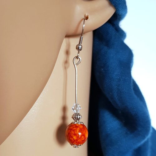 Boucle d'oreille perles en verre orange transparent, coupelles, crochet en métal acier inoxydable argenté
