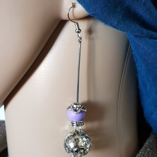 Boucle d'oreille pendante perles en bois parme, crochet en métal acier inoxydable argenté