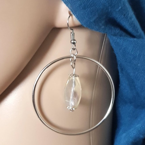 Boucle d'oreille créole perles transparente avec reflets, crochet, métal acier inoxydable argenté