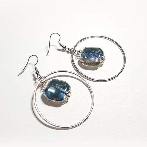 Boucle d'oreille créole perles de face transparente avec reflets bleuté, et  rose, orangé, crochet, métal acier inoxydable argenté