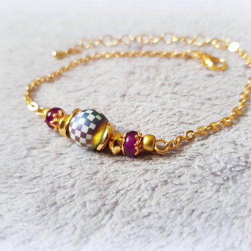 1 bracelet perle en verre multicolore, fermoir mousqueton, chaîne, d’extension en métal acier inoxydable doré