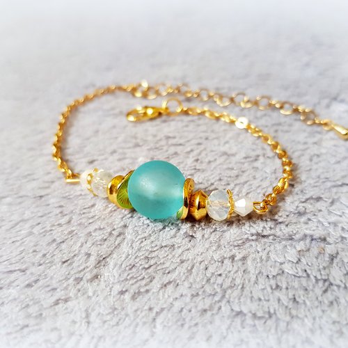 1 bracelet perle en verre bleu, transparent, fermoir mousqueton, chaîne, d’extension en métal acier inoxydable doré