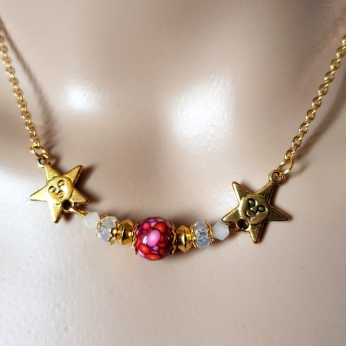 Collier étoile, perles en verre et fimo, coupelles, fermoir, chaîne, métal acier inoxydable doré