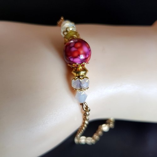 Bracelet perle en verre transparent et acrylique, fermoir mousqueton, chaîne, d’extension en métal acier inoxydable doré