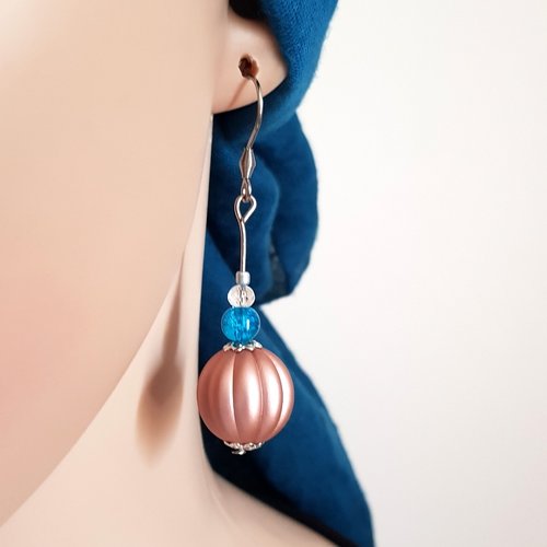Boucle d'oreille pendante, perles en acrylique et verre transparente bleu, tige, crochet en métal acier inoxydable argenté