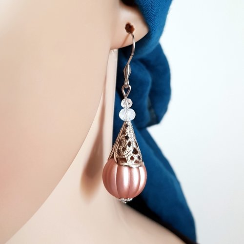 Boucle d'oreille pendante, perles en acrylique chair et verre transparent, coupelles, crochet en métal acier inoxydable argenté