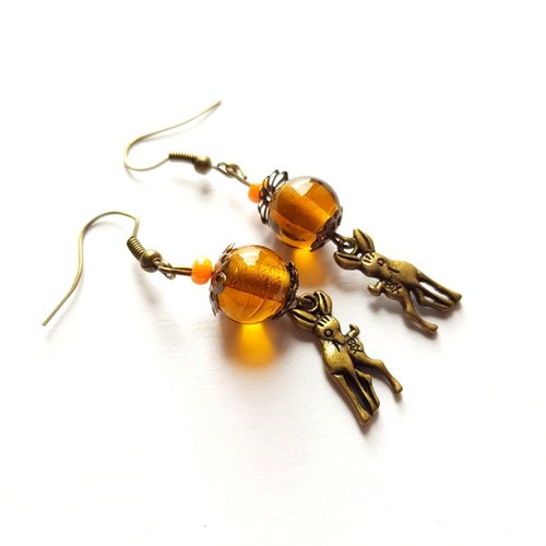 Boucle d'oreille biche, perles en verre orange,ambre transparente, crochet en métal bronze