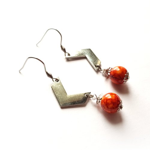Boucle d'oreille perles en verre orange corail marbré, crochet en métal acier inoxydable argenté