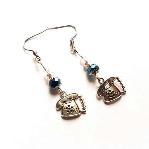 Boucle d'oreille téléphone, perles en verre bleu, crochet en métal acier inoxydable argenté