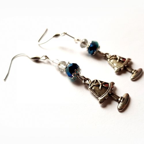 Boucle d'oreille lampe, perles en verre bleu, crochet en métal acier inoxydable argenté