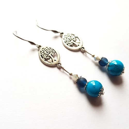 Boucle d'oreille arbre de vie, perles en verre bleu, blanche, crochet en métal acier inoxydable argenté