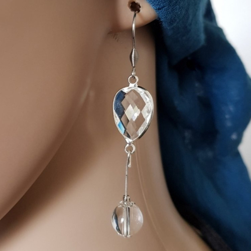 Boucle d'oreille connecteur, perles en verre transparente, crochet en métal acier inoxydable argenté