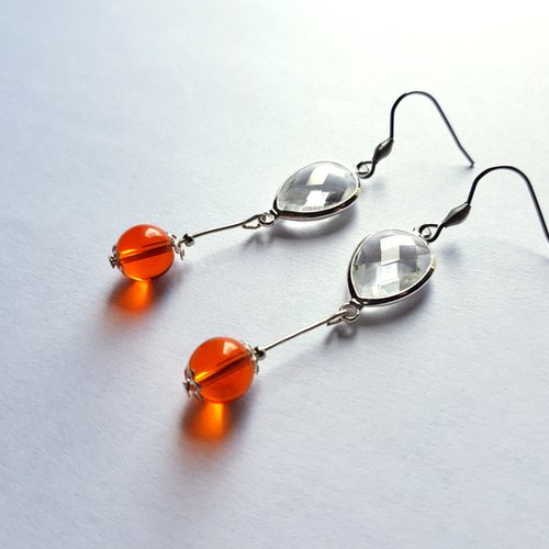 Boucle d'oreille connecteur transparent, perles en verre orange, crochet en métal acier inoxydable argenté