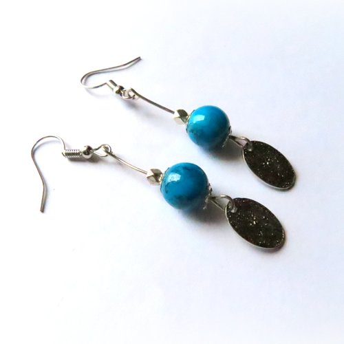 Boucle d'oreille perles verre bleu marbré noir, crochet en métal argenté