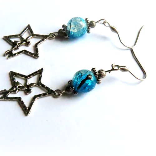 Boucle d'oreille étoile, fée, perles en verre bleu, transparent, marbré noir, crochet en métal acier inoxydable argenté