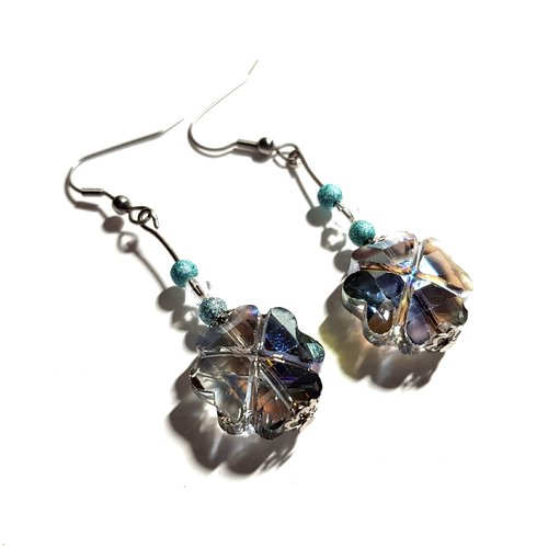 Boucle d'oreille perles fleur en verre transparente multicolore, crochet en métal acier inoxydable argenté