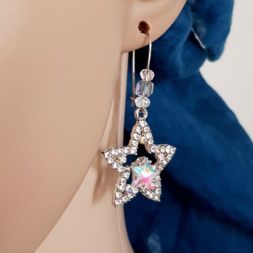 Boucle d'oreille étoile, perles en perles, strass, crochet en métal acier inoxydable argenté