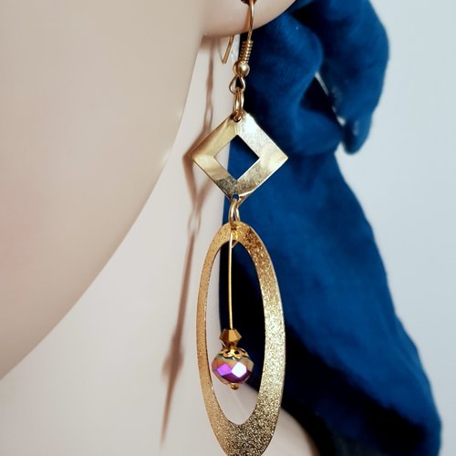 Boucle d'oreille ovale, carré filigrane, perles en verre multicolore, crochet en métal acier inoxydable doré