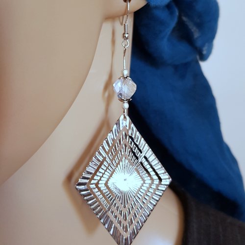 Boucle d'oreille losange filigrane, perles en verre transparente, crochet en métal acier inoxydable argenté