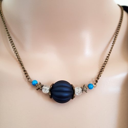 Collier perles en acrylique et en verre, différents bleu, transparent, coupelles, fermoir, chaîne, métal bronze