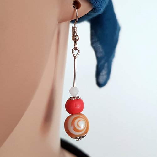 Boucle d'oreille perles en verre orange, corail, blanc, crochet en métal acier inoxydable argenté