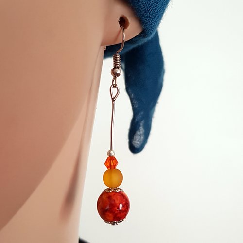 Boucle d'oreille perles en verre orange, corail, crochet en métal acier inoxydable argenté