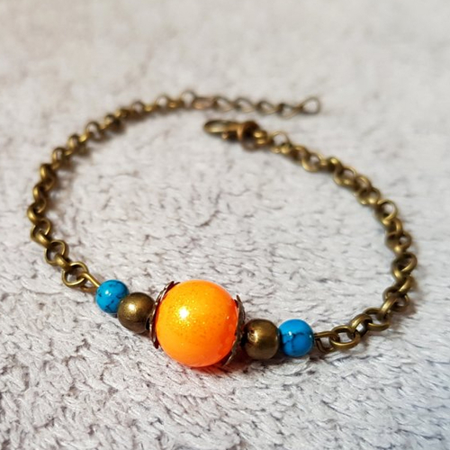 Bracelet perle ronde en verre orange, bleu, chaîne d’extension, fermoir mousqueton en métal bronze