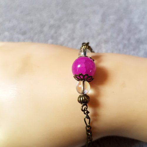 Bracelet perle ronde en verre violet, transparent, chaîne d’extension, fermoir mousqueton en métal bronze