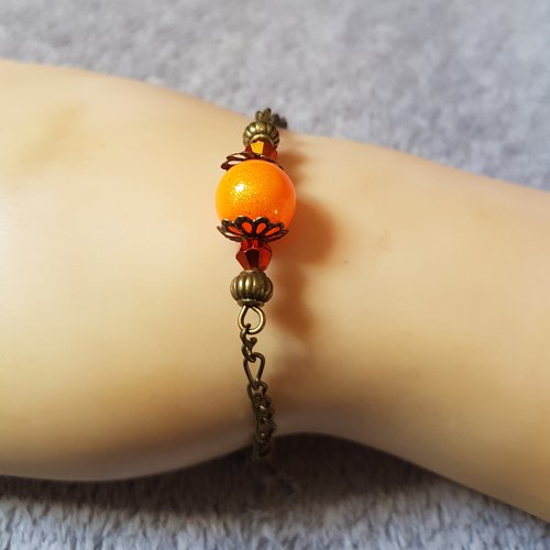 Bracelet perle ronde en verre orange, chaîne d’extension, fermoir mousqueton en métal bronze