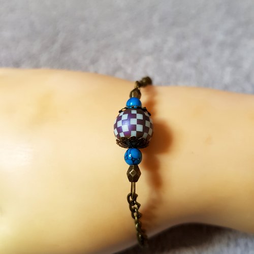 Bracelet perle ronde en verre multicolore, bleu, chaîne d’extension, fermoir mousqueton en métal bronze