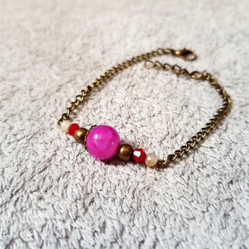 Bracelet perle ronde en verre violet, rouge foncé chaîne d’extension, fermoir mousqueton en métal bronze
