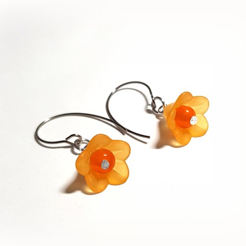 Boucle d'oreille fleur cloche orange, perles en verre,crochet en métal acier inoxydable argenté