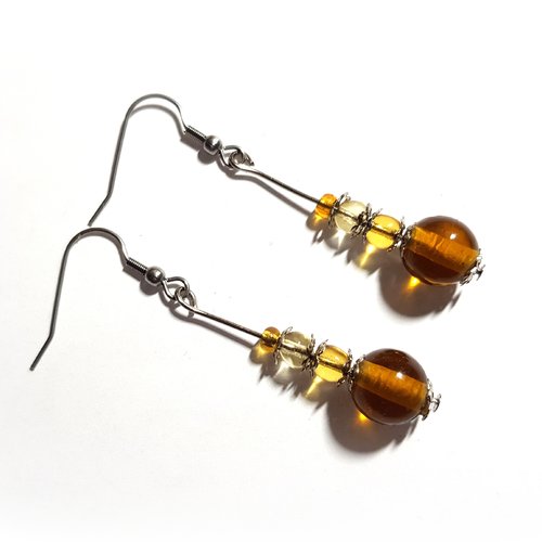 Boucle d'oreille perles en verre ambré crochet en métal acier inoxydable argenté