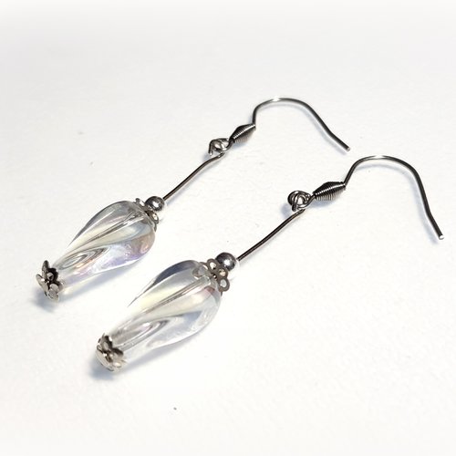Boucle d'oreille perles en verre transparent crochet en métal acier inoxydable argenté