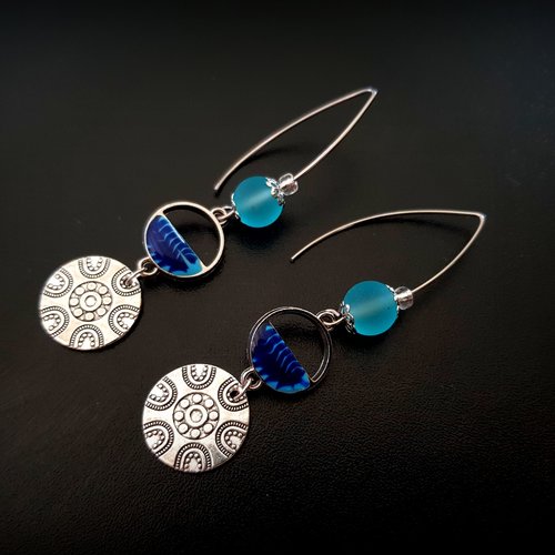 Boucle d'oreille perles en verre bleu givré, rond émaillé, crochet en métal acier inoxydable argenté