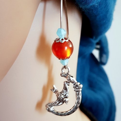Boucle d'oreille oiseaux, perles acrylique, rouille orange, bleu, crochet en métal acier inoxydable argenté