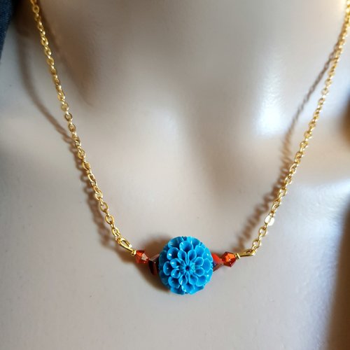 Collier perles fleur en acrylique bleu, orange, fermoir, chaîne força plate, métal acier inoxydable doré