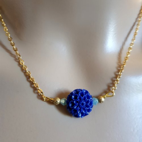 Collier perles fleur en acrylique bleu foncé, fermoir, chaîne força plate, métal acier inoxydable doré