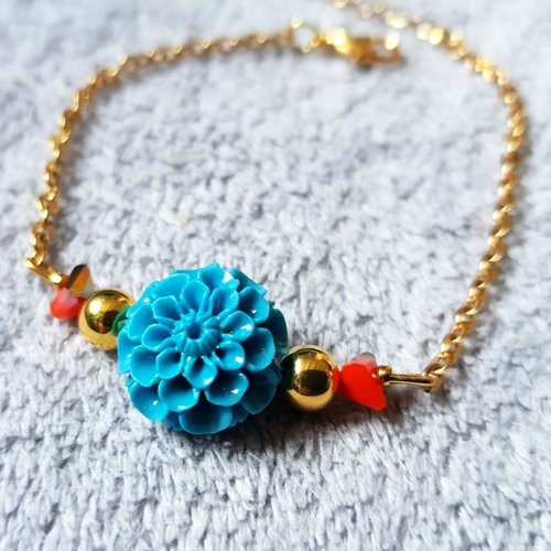 Bracelet fleur en acrylique, perle en verre orange, fermoir mousqueton, chaîne, d’extension en métal acier inoxydable doré