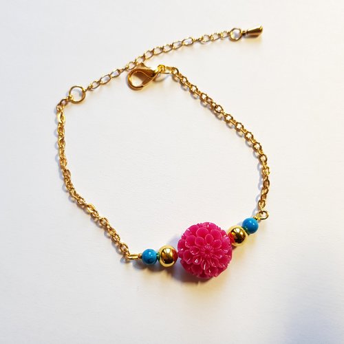 Bracelet fleur en acrylique rose fuchsia, perle en verre bleu, fermoir mousqueton, chaîne, d’extension en métal acier inoxydable doré