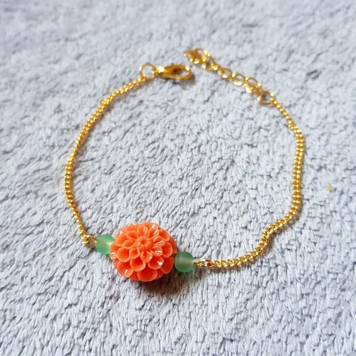 Bracelet fleur en acrylique orange, perle en verre vert, fermoir mousqueton, chaîne d’extension en métal doré