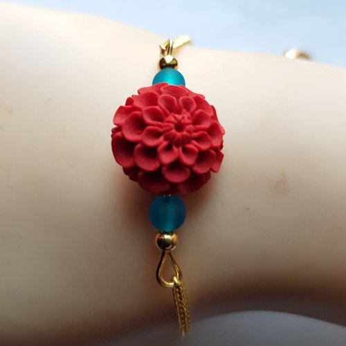 Bracelet fleur en acrylique rouge, perle en verre bleu, fermoir mousqueton, chaîne d’extension en métal doré