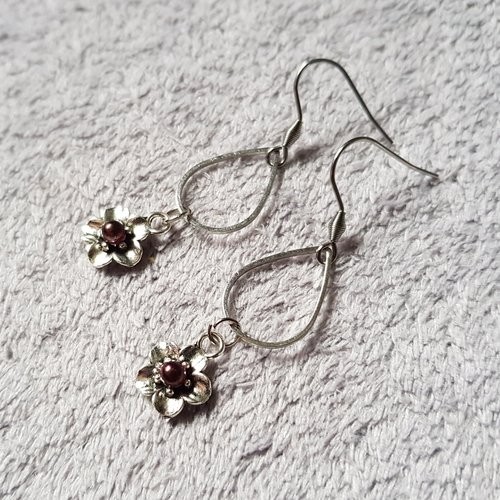 Boucle d'oreille fleurs, connecteurs ovale, crochet en métal acier inoxydable argenté