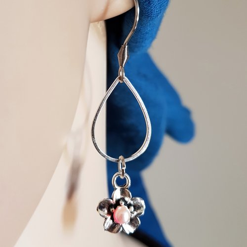 Boucle d'oreille fleurs, connecteurs ovale, crochet en métal acier inoxydable argenté