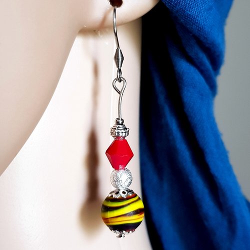 Boucle d'oreille perles en verre rouge, jaune, crochet métal acier inoxydable argenté