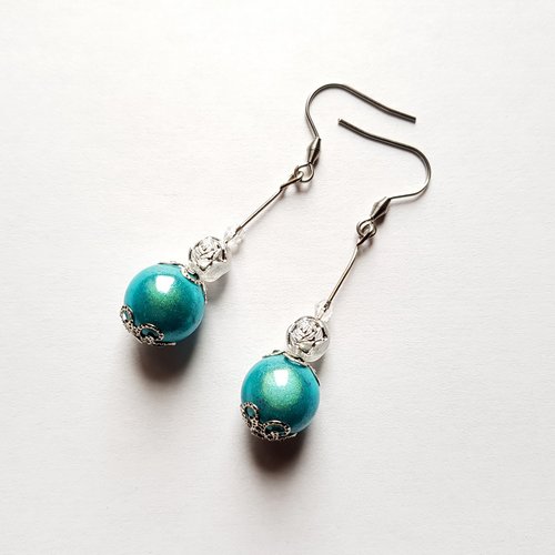 Boucle d'oreille fleur, perles en acrylique bleu, transparent, coupelles, crochet métal acier inoxydable argenté