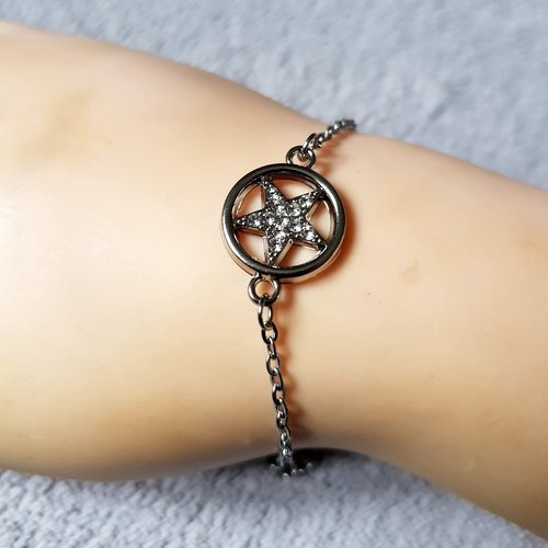 Bracelet étoile avec strass, chaîne d’extension, goutte, fermoir mousqueton en métal inoxydable argenté