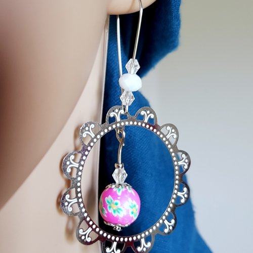 Boucle d'oreille rond fleur, perles multicolore, crochet, tout en métal acier inoxydable argenté