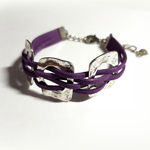 Bracelet manchette en suédine violet, rectangle, cœur, fermoir  mousqueton, chaînette en métal argenté