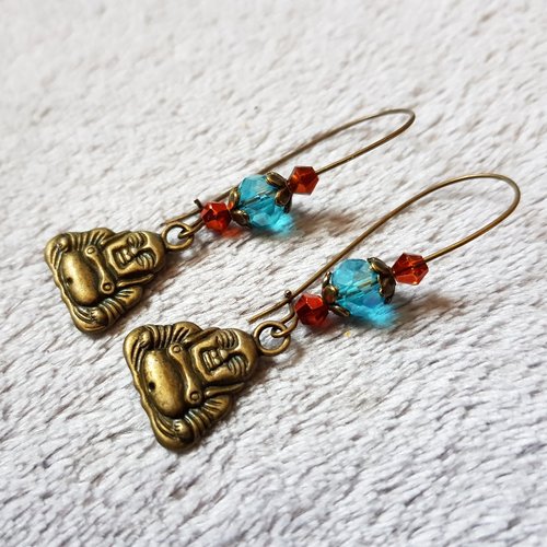 Boucle d'oreille bouddha, perles en verre bleu, orange corail, crochet en métal bronze
